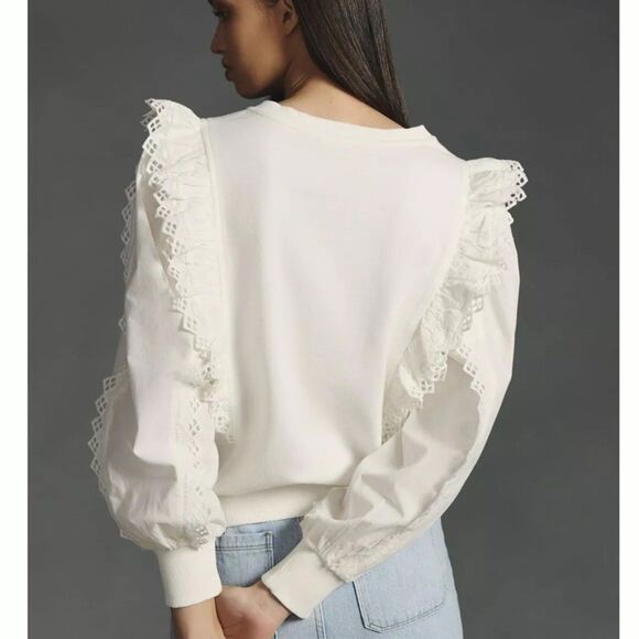 By Anthropologie Ruffle-Sleeve Lace Sweatshirt Top Eyelet Cotton SP New 284729 - Picture 2 of 7
